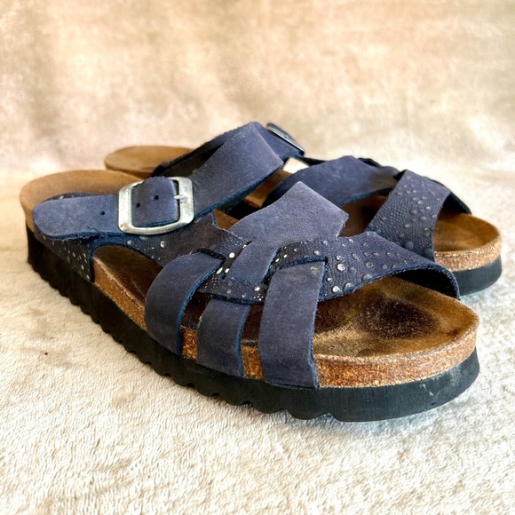 Spring Step Womens 39 8-8.5 Slip On Cork Leather Comfort Navy Sandals - Picture 1 of 8